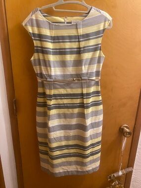 Calvin Klein Yellow and Gray Striped Midi Sheath Dress